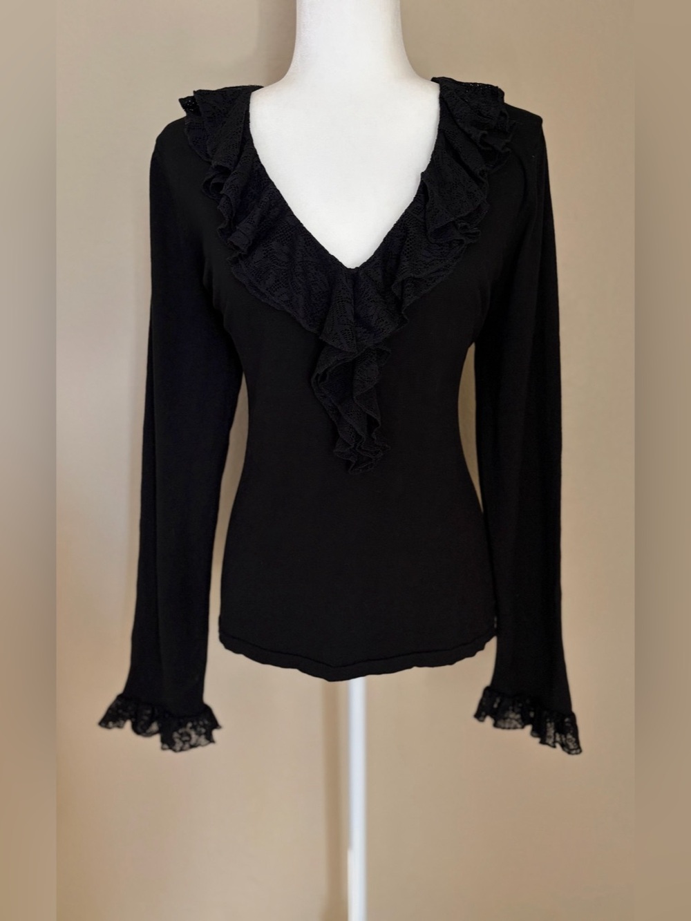 August Silk Black Ruffle Neck Long Sleeve Top XL